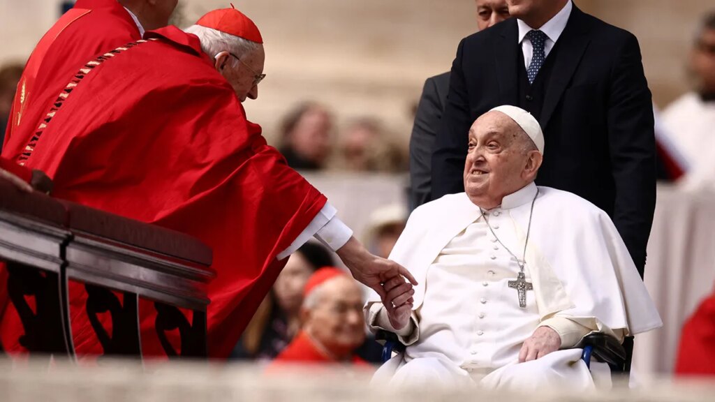 Pope Francis makes appearance after Palm Sunday mass at the Vatican