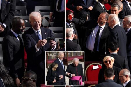 Biden’s all smiles as he poses for selfies with mourners as he, wife Jill arrive for Pope Francis’ funeral