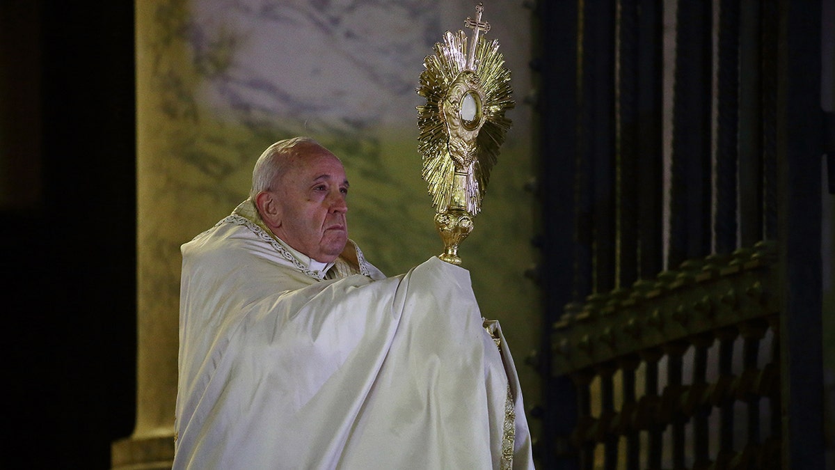 Pope Francis gives a special Urbi et Orbi blessing during the moment of prayer on the sagrato of St. Peter's Basilica to invoke the end of the coronavirus pandemic. Vatican City (Vaticano), March 27th, 2020