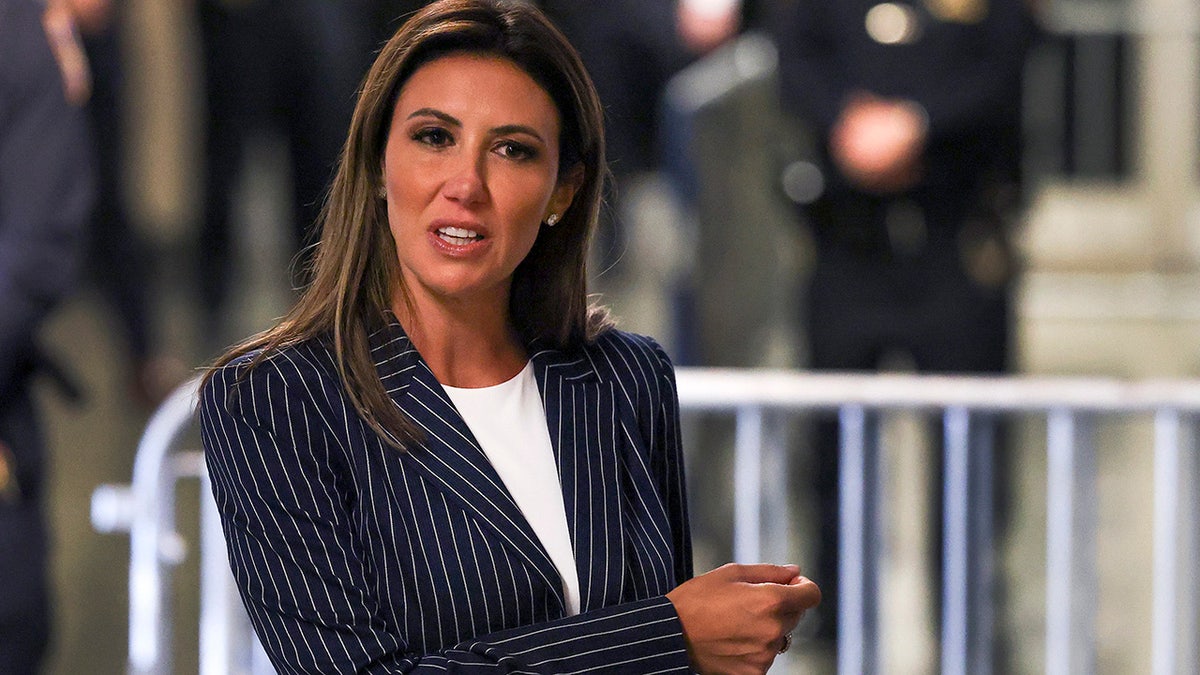 Attorney Alina Habba speaks to the media outside of court during opening statements in Former President Donald Trump's trial