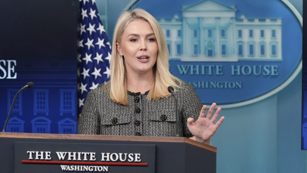 White House press secretary Karoline Leavitt speaks with reporters in the James Brady Press Briefing Room at the White House, Friday, April 11, 2025, in Washington.