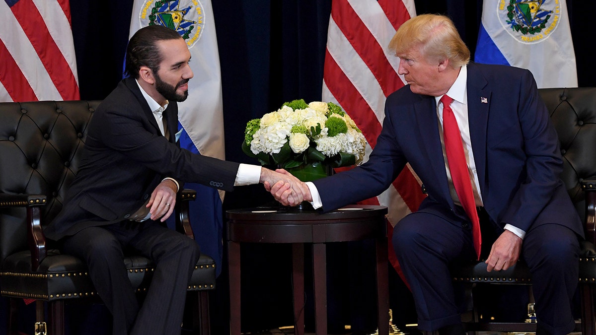 El Salvador's President Nayib Bukele and U.S. President Donald Trump shake hands in 2019