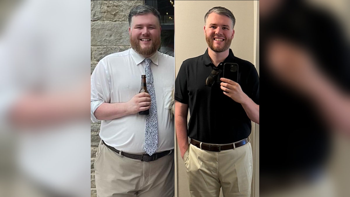 Tom Carroll, left, weighing 360 pounds and, right, after he lost 132 pounds, which he credits to eating a salad from Chick-fil-A every day.