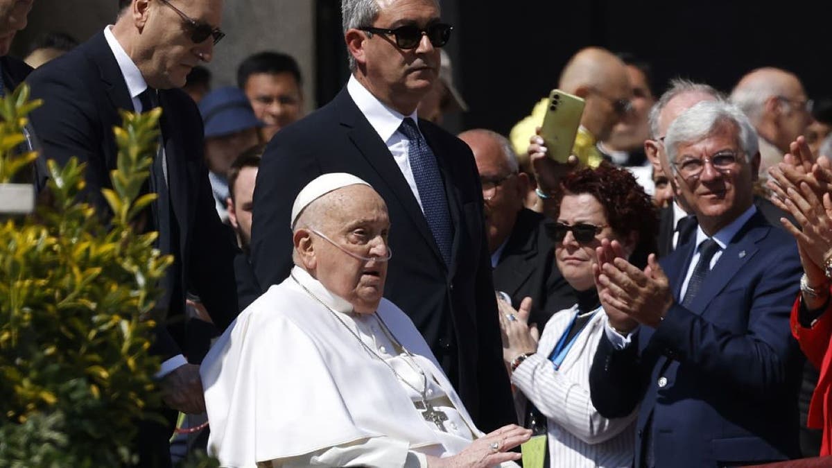 VATICAN CITY, VATICAN - APRIL 06:Pope Francis appears to the faithful at the end of a Mass celebrated by Monsignor Rino Fisichella (not pictured) on the occasion of the Jubilee of Sick in St. Peter's Square at the Vatican, on April 06, 2025. (Photo by Riccardo De Luca/Anadolu via Getty Images)