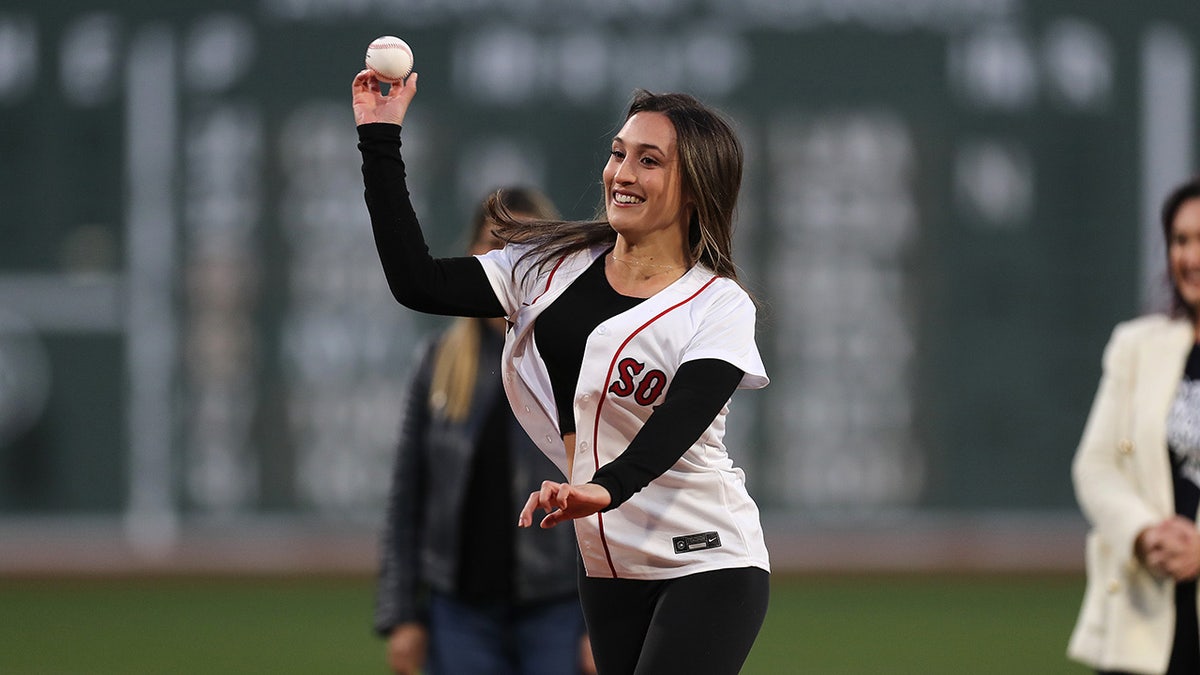 Karenna Groff throws pitch at a Red Sox game