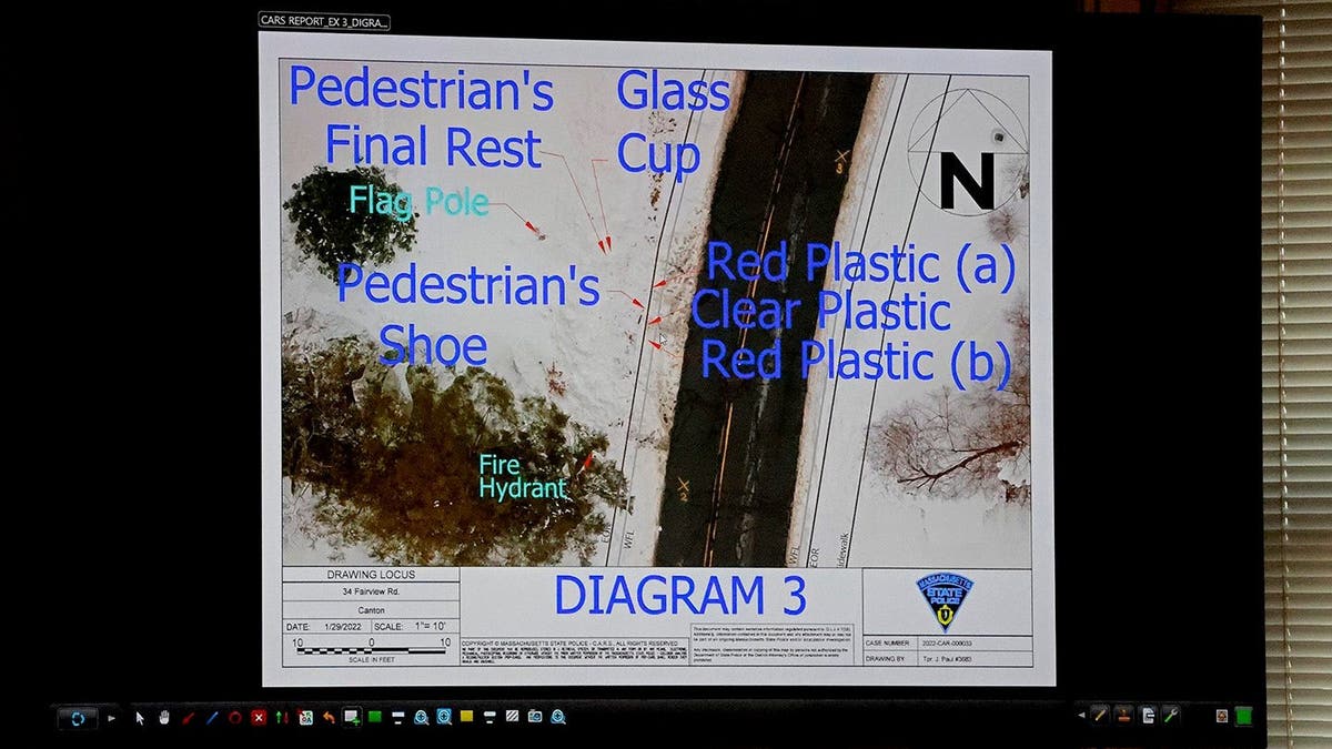 A photograph of a screen shown during Karen Read's first trial showing markings where evidence was found outside Brian Albert's house