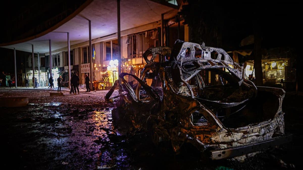 KHARKIV, UKRAINE - MARCH 29: A car, destroyed by a Russian drone, in the center of Kharkiv, Ukraine on March 29, 2025. Two people were killed in a massive attack on the city at night. (Photo by Sofiia Bobok/Anadolu via Getty Images)
