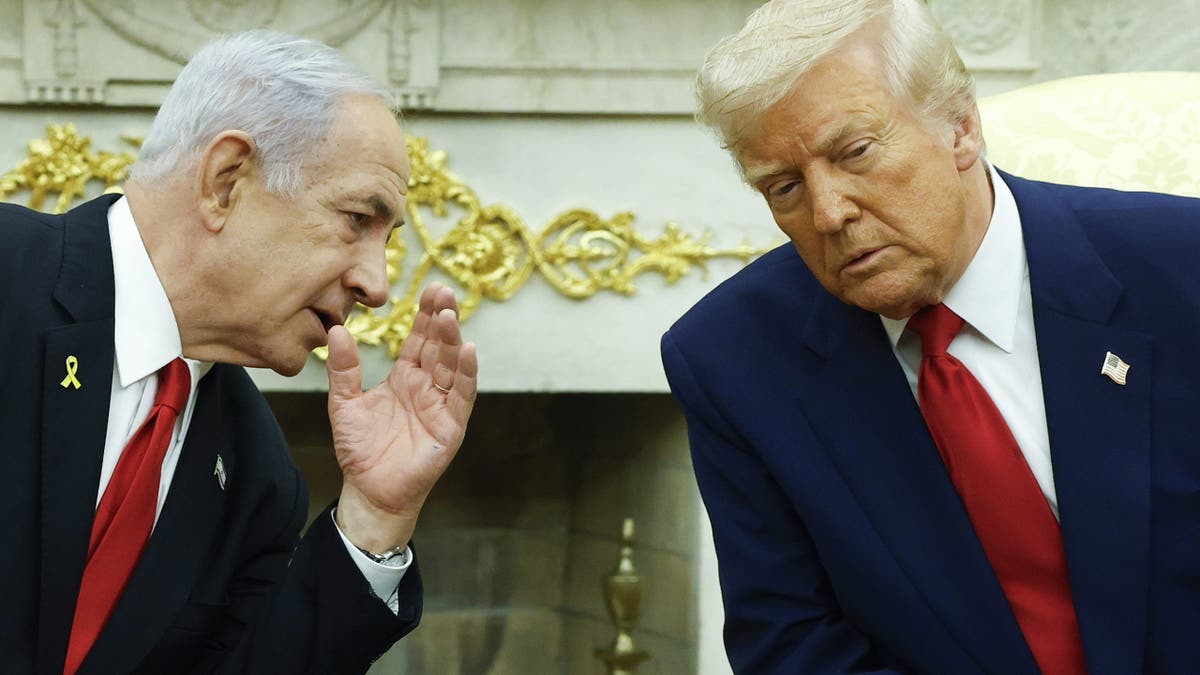Israeli Prime Minister Benjamin Netanyahu talks to President Donald Trump during a meeting in the Oval Office on April 7, 2025.