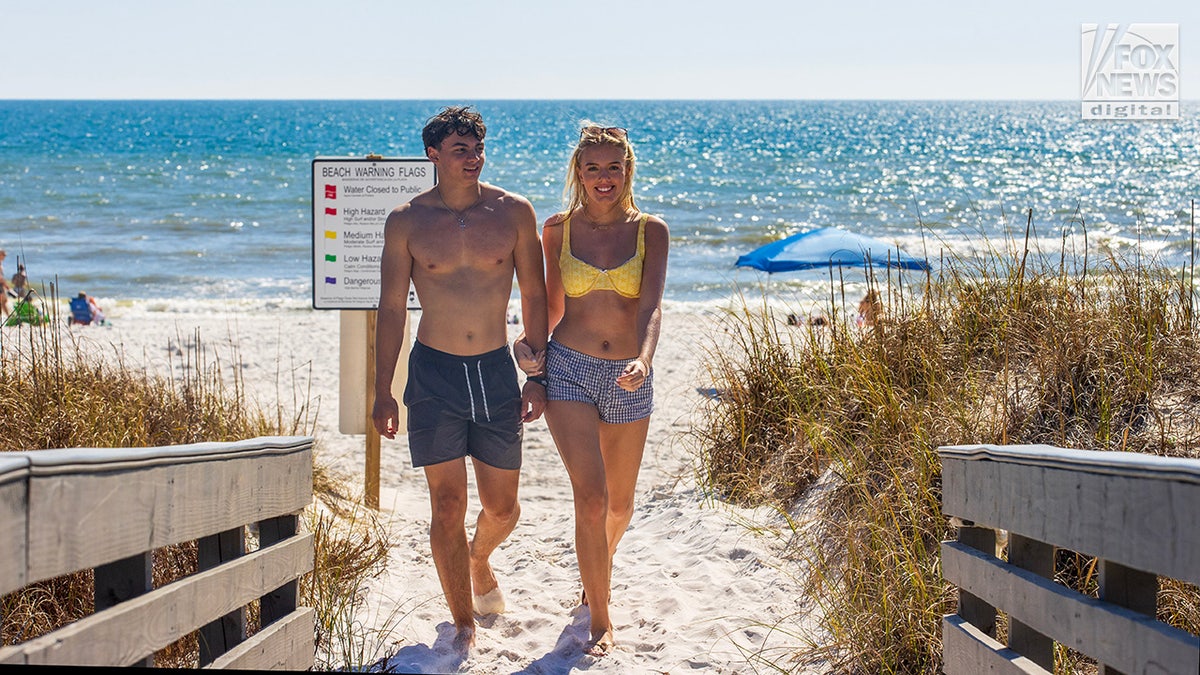 Florida spring breakers walk on the beach in a bikini