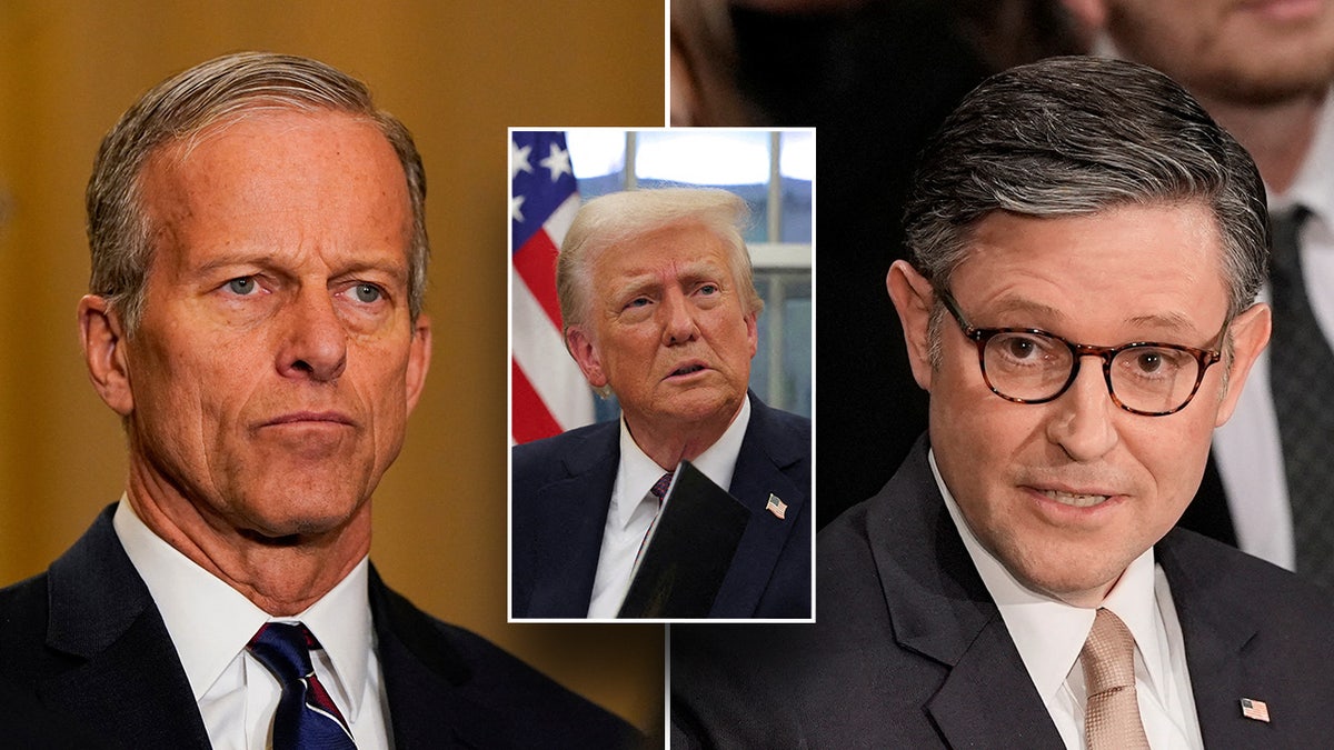 John Thune, Donald Trump, Mike Johnson in photo split
