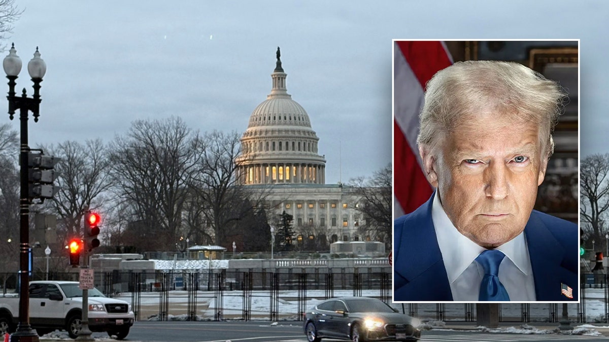 Trump inset; US capitol main photo