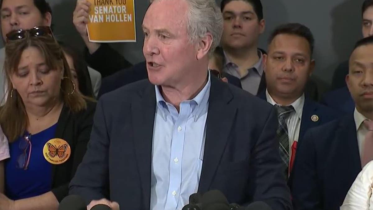 Sen. Chris Van Hollen, D-Md., holds a news conference Friday at Dulles International Airport in Virginia following his visit to El Salvador this week to meet with deported Maryland illegal immigrant Kilmar Abrego Garcia.
