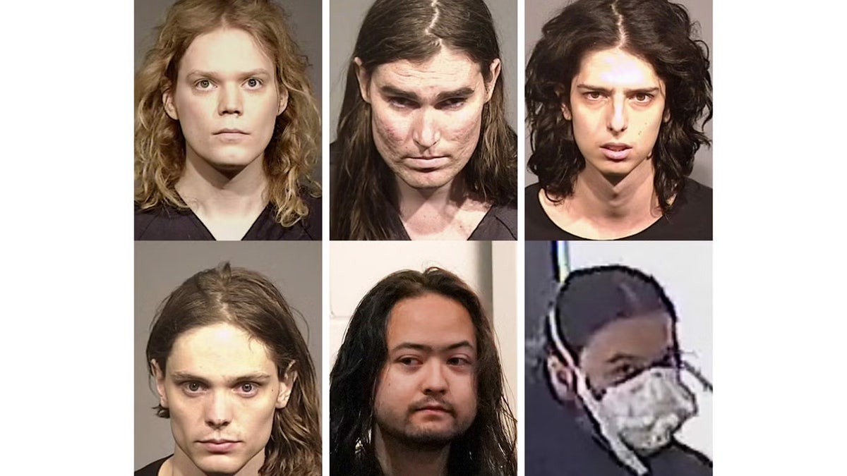 This combination of images from top left shows booking mug shots of Jack LaSota, Alexander Leatham, Emma Borhanian and, at bottom left, Gwen Danielson, Maximilian Snyder and Teresa Youngblut