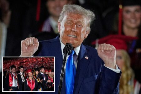 Trump quips he’s ‘in trouble’ with Melania as he impersonates trans athlete at University of Alabama commencement speech