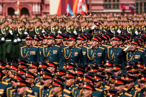 Russian soldiers at the Victory Day military parade in Moscow on Friday.