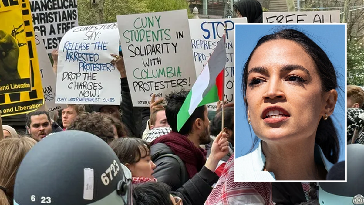 pro-Palestine protest, main image; right inset: AOC