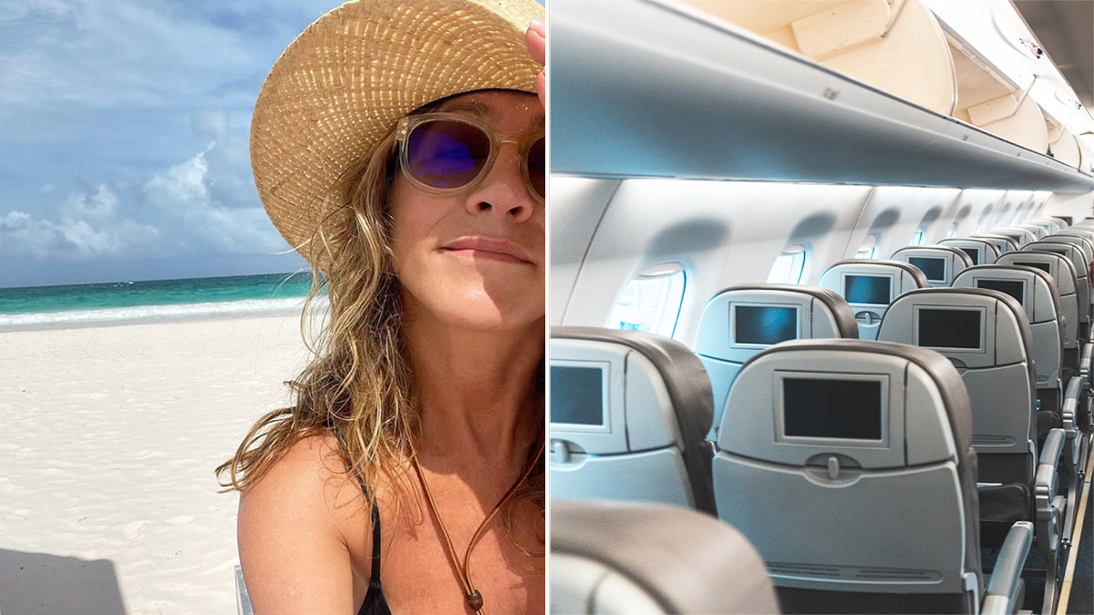 jennifer aniston on a beach next to rows of seats on an airplane