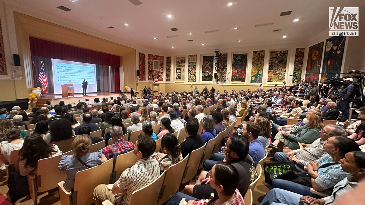 A packed Alexandria Ocasio-Cortez town hall in Queens on May 2, 2025.