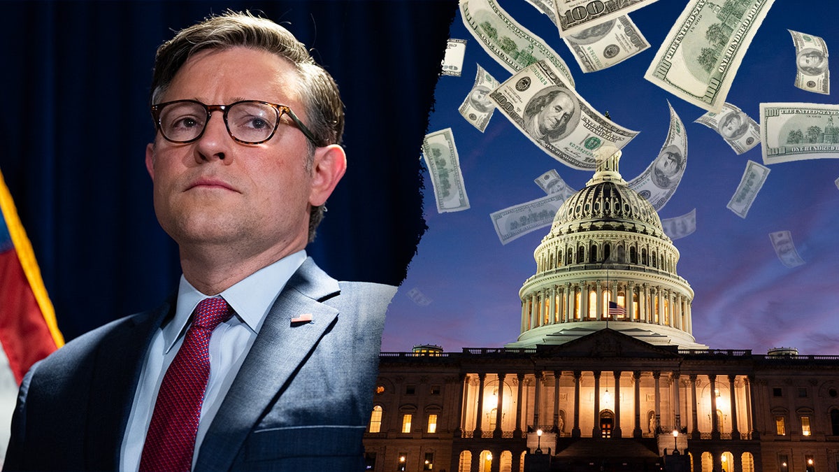 Speaker Mike Johnson, left; Capitol with cash photo illustration, right
