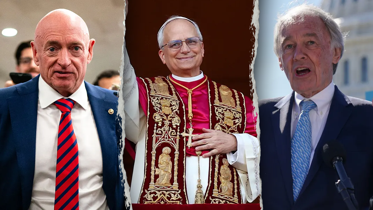 Sens. Kelley, Markey flanking Pope Leo XIV in photo montage