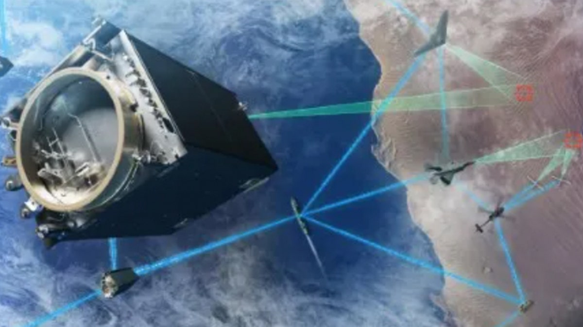A concept image for space lasers to be incorporated into the Golden Dome missile defense project