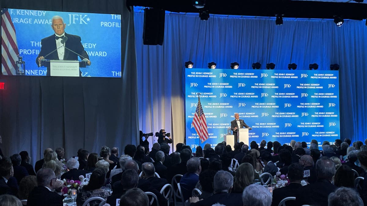Former Vice President Mike Pence speaks after receiving the John F. Kenney Profile in Courage Award, at the JFK Library in Boston, Massachusetts, on May 4, 2025.