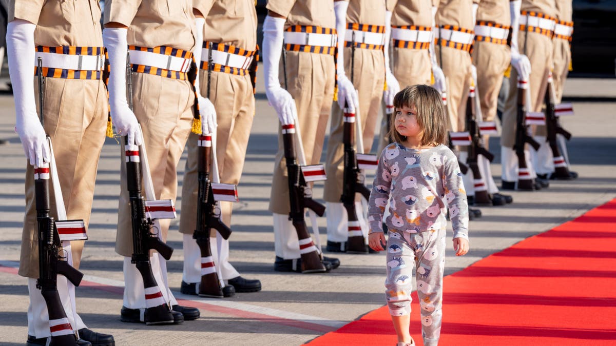 Vice President JD Vance and Usha Vance participate in a departure ceremony at Jaipur International Airport in Jaipur, India, Thursday, April 24, 2025, before boarding Air Force Two for Ramstein Air Force Base, Germany. (Official White House Photo by Emily J. Higgins)