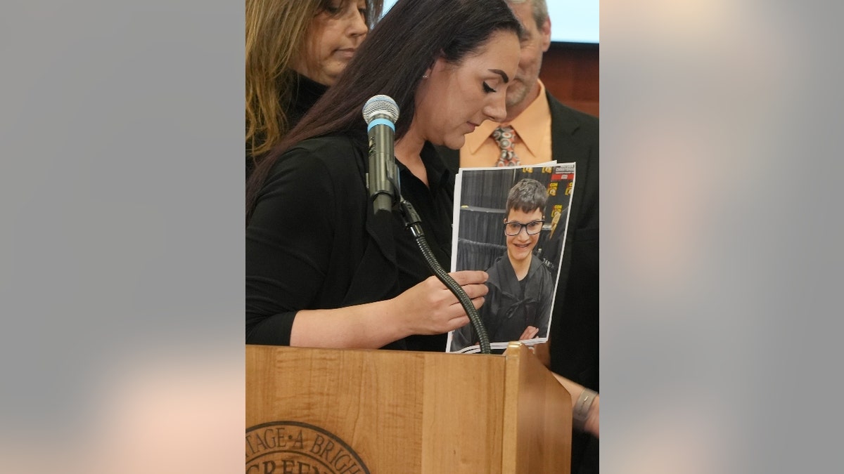 Paciorek read a prepared statement and was surrounded by friends of the Schultz family at the press conference at Green City Hall on Tuesday, May 27, 2025.