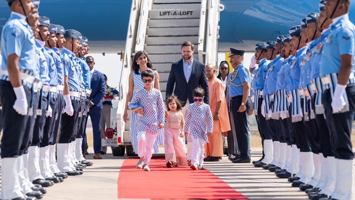 Vice President JD Vance and Second family disembark Marine Two at Joint Base Andrews, Maryland, Thursday, April 17, 2025, and boards Air Force Two en route to Rome, Italy.