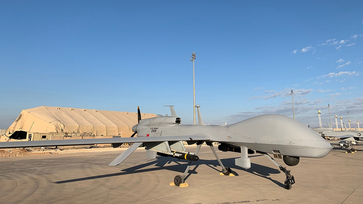 A picture taken on January 13, 2020, during a press tour organized by the US-led coalition fighting the remnants of the Islamic State group, shows US army drones at the Ain al-Asad airbase in the western Iraqi province of Anbar.