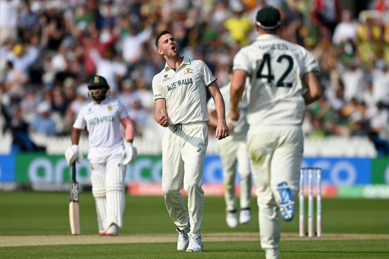 Josh Hazlewood of Australia celebrates dismissing Tristan Stubbs of South Africa during day one of the ICC World Test Championship Final between South Africa and Australia at Lord's Cricket Ground