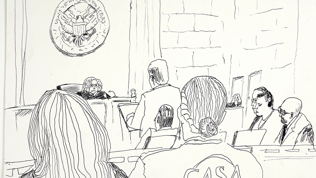 pencil sketch of federal courtroom