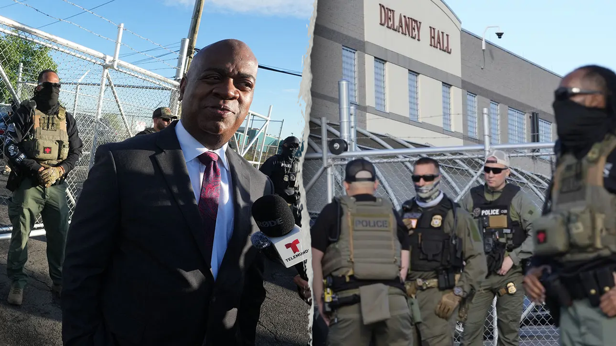 Left: Newark Democratic Mayor Ras Baraka speaks outside Delaney Hall ICE facility during a protest. Right: Security personnel stand in front of Delaney Hall, a recently re-opened immigration detention center, in Newark, N.J., Wednesday, May 7, 2025.