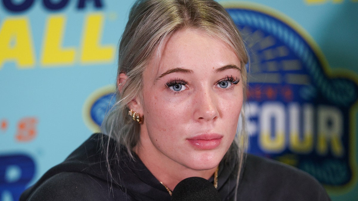 Chloe Kitts talks to reporters at the 2025 Final Four