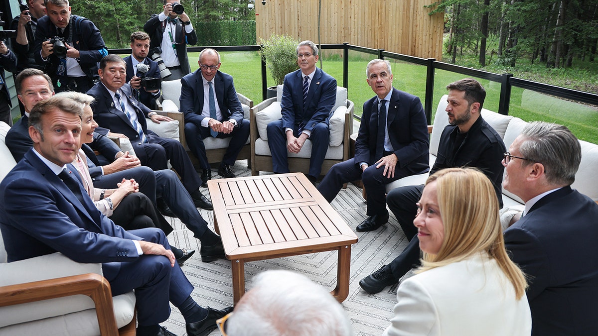 French President Emmanuel Macron, European Commission President Ursula Von der Leyen, NATO Secretary General Mark Rutte, Japanese Prime Minister Shigeru Ishiba, German Chancellor Friedrich Merz, U.S. Secretary of Treasury Scott Bessent, Canadian Prime Minister Mark Carney, Ukrainian President Volodymyr Zelenskyy, British Prime Minister Keir Starmer, and Italian Prime Minister Giorgia Meloni meet during the Group of Seven (G7) Summit