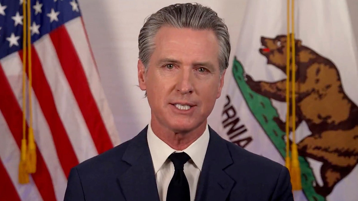 Newsom in video with US, California flags
