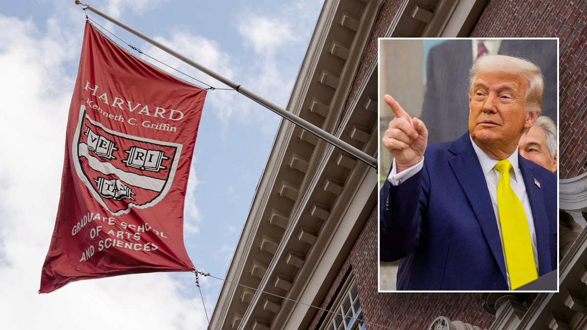 Split image of Harvard flag, Trump
