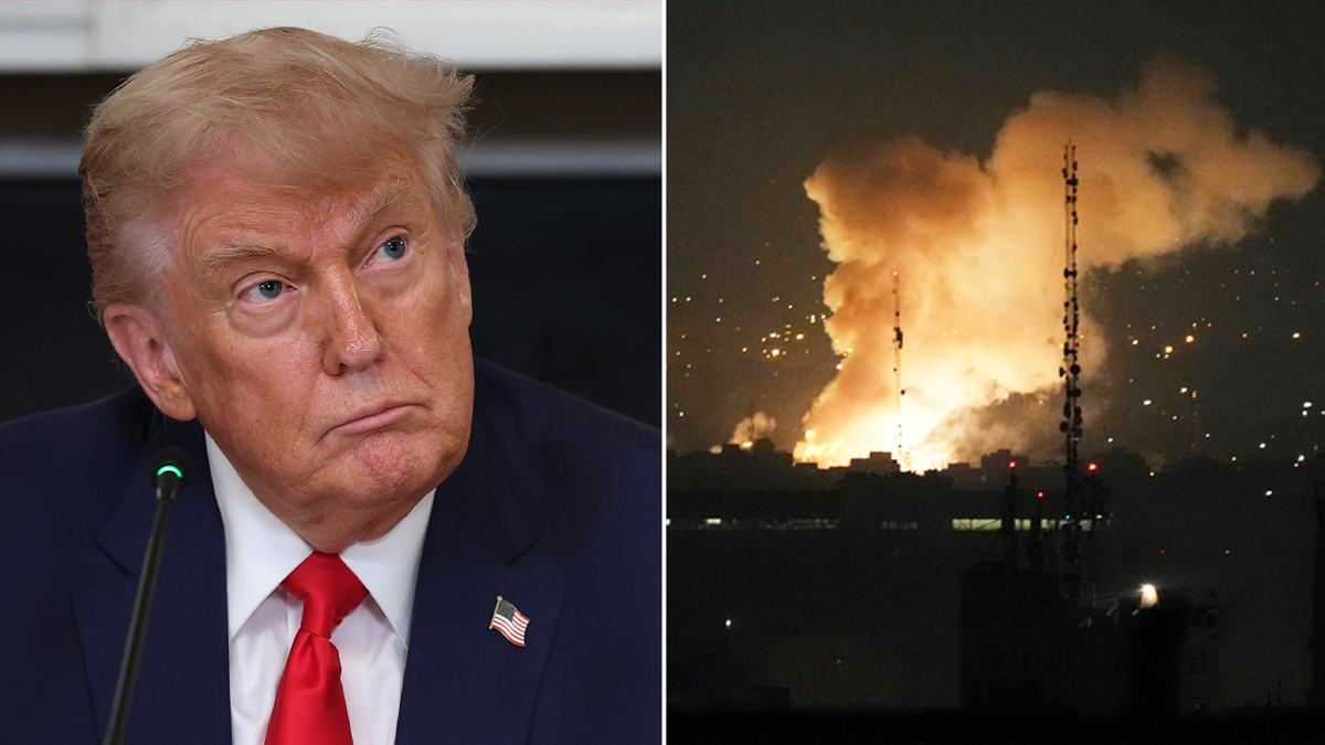 Split image, Trump and Israeli strike on Iran.