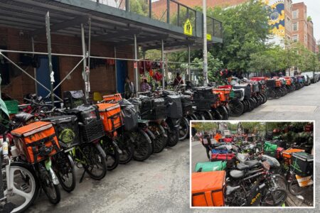 NYC block taken over by migrant workers for delivery bike parking as guard keeps overnight watch