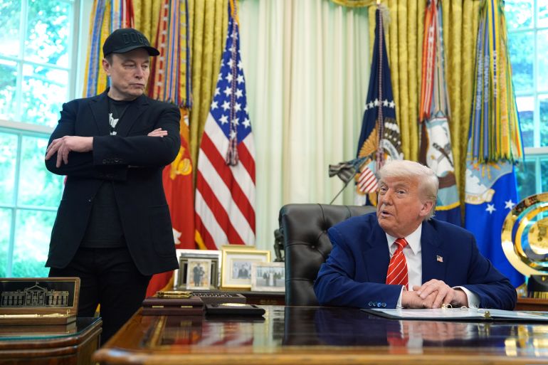 FILE - President Donald Trump, right, speaks during a news conference with Elon Musk in the Oval Office of the White House, in Washington, May 30, 2025,. (AP Photo/Evan Vucci, File)