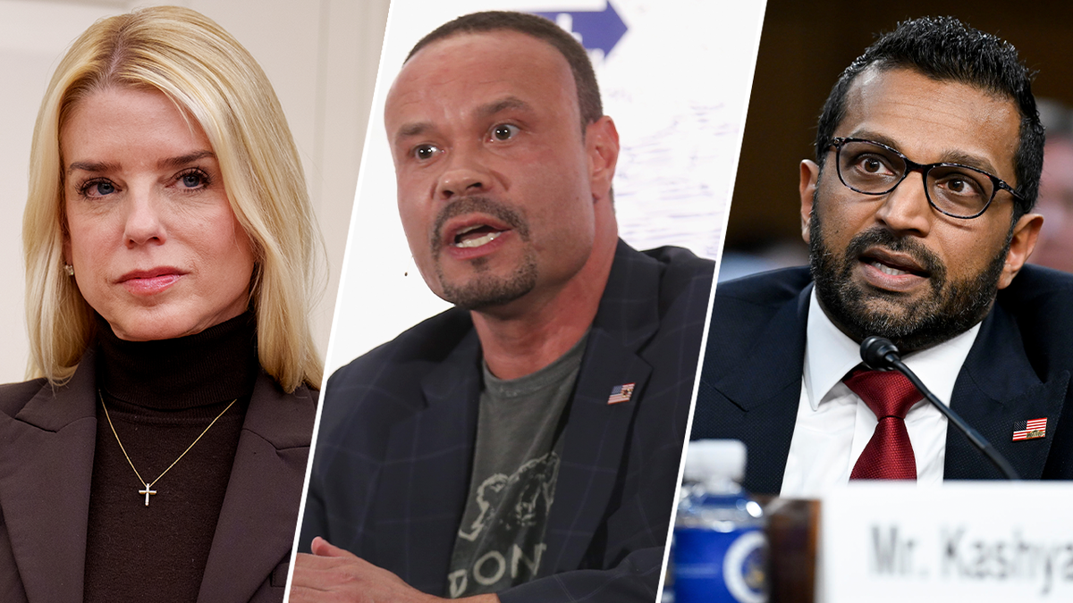 Pam Bondi wears a brown suit jacket, Dan Bongino wears a green t shirt and Kash Patel speaking in split images