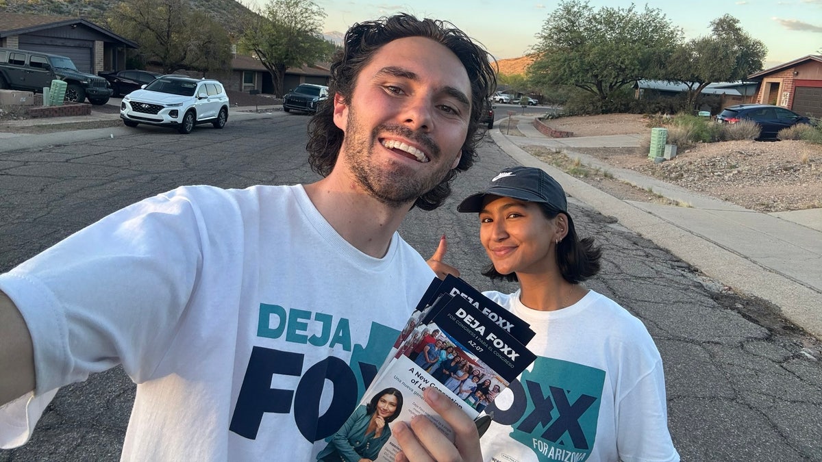 Former DNC vice chair David Hogg campaigns with Democratic congressional candidate Deja Foxx in Arizona, on July 12, 2025
