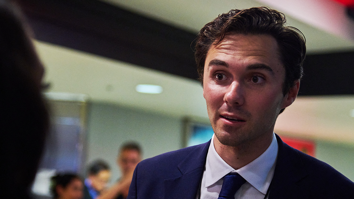 David Hogg, gun control advocate and survivor of the Marjory Stoneman Douglas High School tragedy, is seen at the 2024 Democratic National Convention in Chicago, Illinois. Hogg was elected a Democratic National Committee vice chair in February, but stepped down from the DNC in June amid controversy. (Photo by DOMINIC GWINN/Middle East Images/AFP via Getty Images)