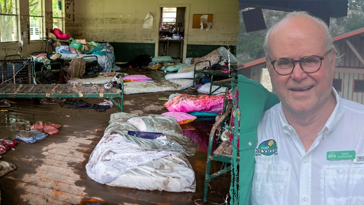 Debris and damage in Camp Mystic cabin split with a photo of Dick Eastland