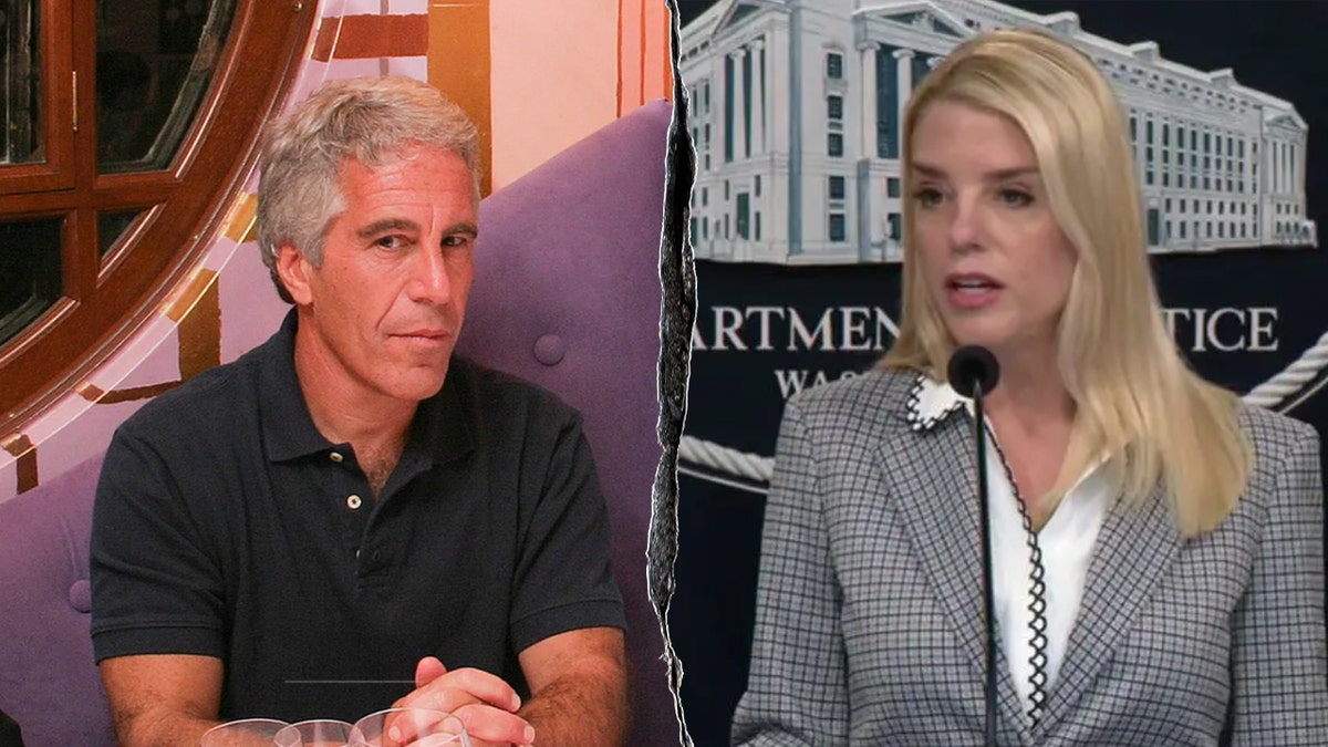 jeffrey epstein sits on purple couch (left) attorney general pam bondi gives press briefing (right)