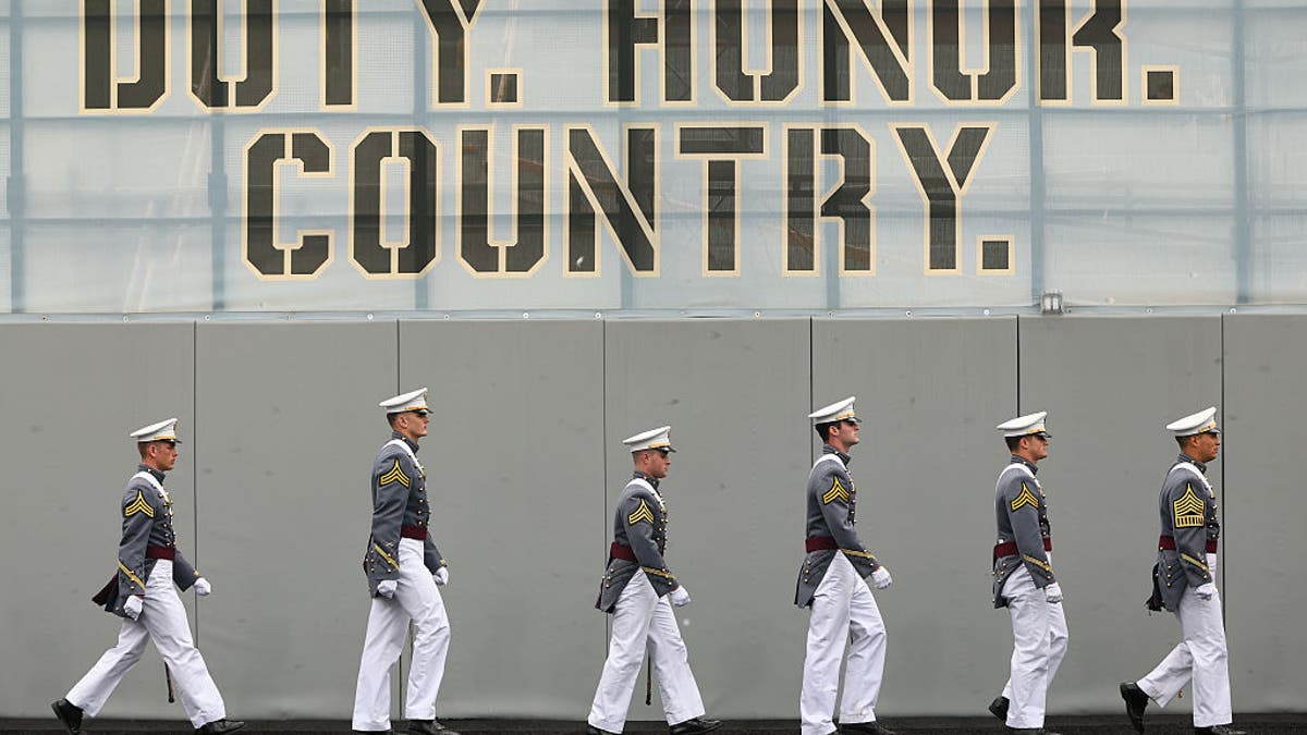 The graduating class of the United States Military Academy arrive for their graduation ceremony at West Point in Michie Stadium on May 24, 2025, in West Point, New York. 