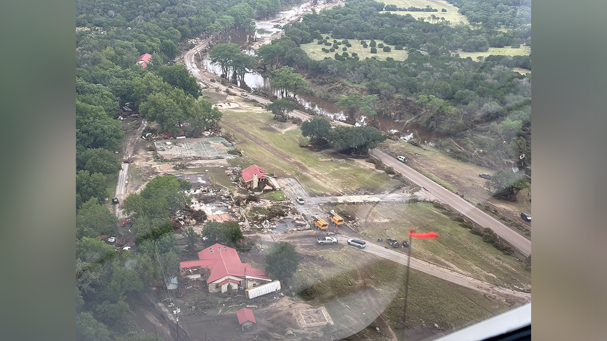 Aerial footage of Camp Mystic in Kerr County, Texas after deadly flood.