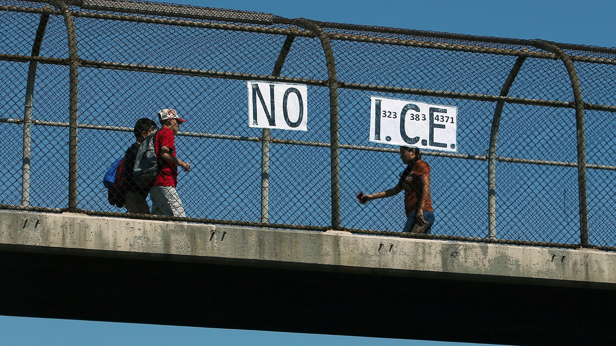 Anti-ICE protesters on a bridge