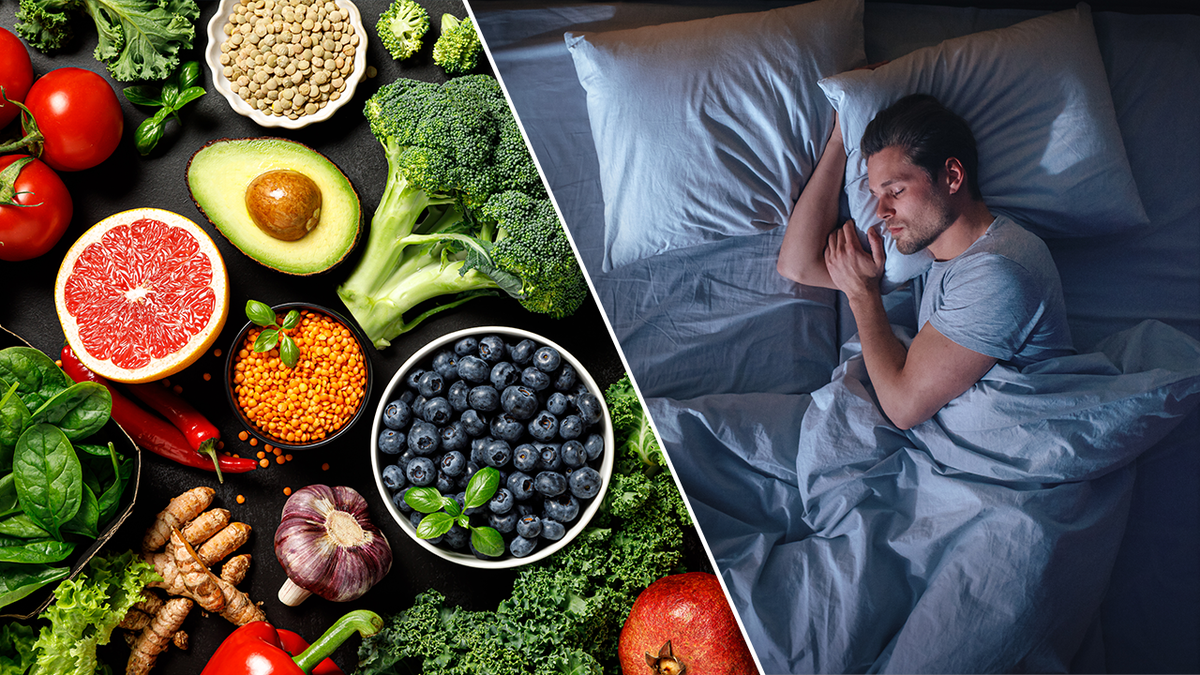 Split image of food, man sleeping