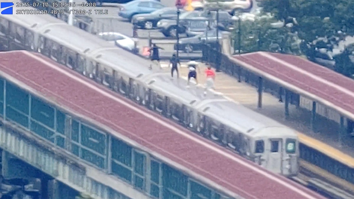 Four boys riding on top of a train in the Bronx